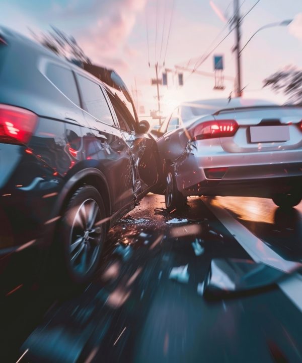 A severe car accident on a city street with vehicles damaged and debris scattered around during dusk.