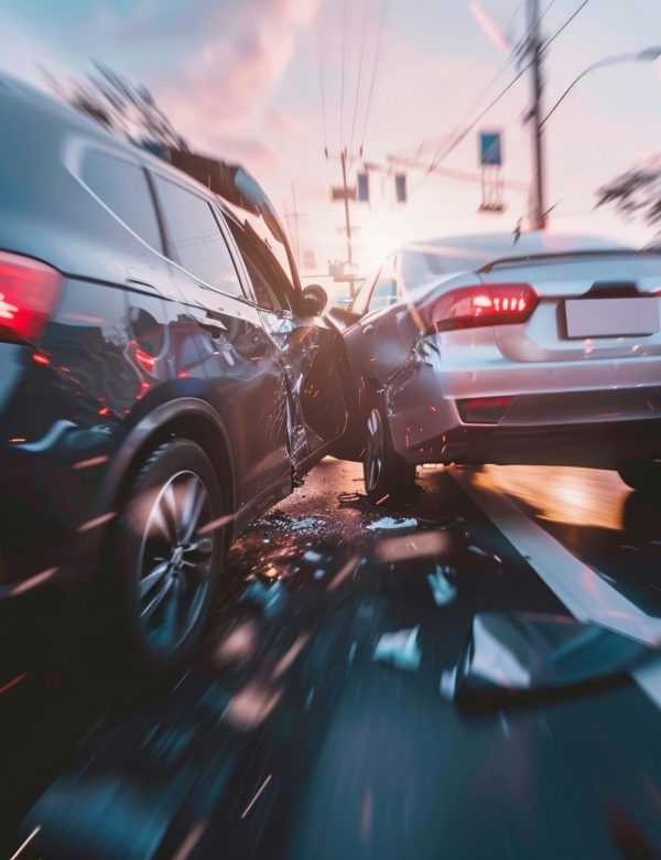 Dramatic Urban Car Collision Scene A severe car accident on a city street with vehicles damaged and debris scattered around during dusk.