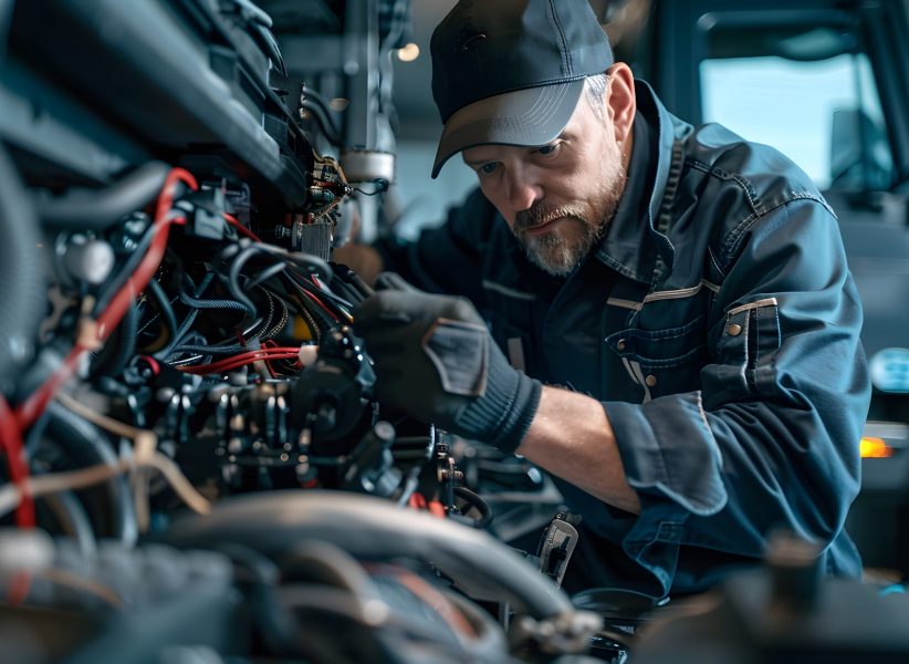 The mechanic is working on the engine of an electric truck, which has wires and other parts attached to it. He wears dark blue work  with blue gloves and hat. The mechanic is working on the engine of an electric truck, which has wires and other parts attached to it. He wears dark blue work  with blue gloves and hat.
