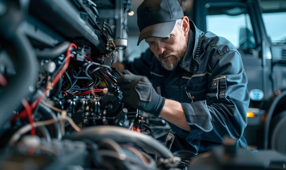 The mechanic is working on the engine of an electric truck, which has wires and other parts attached to it. He wears dark blue work  with blue gloves and hat. The mechanic is working on the engine of an electric truck, which has wires and other parts attached to it. He wears dark blue work  with blue gloves and hat.